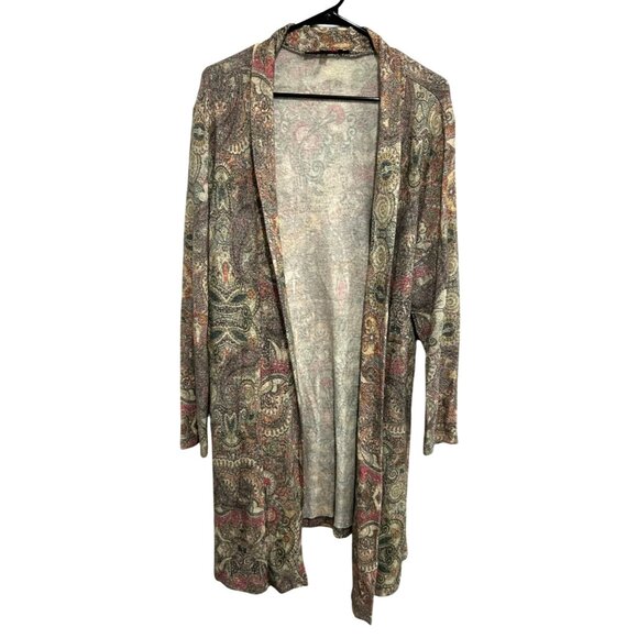 Vintage Robert Kitchen Womens Brown Paisley Open Front Long Cardigan SZ XXLarge - Picture 1 of 8